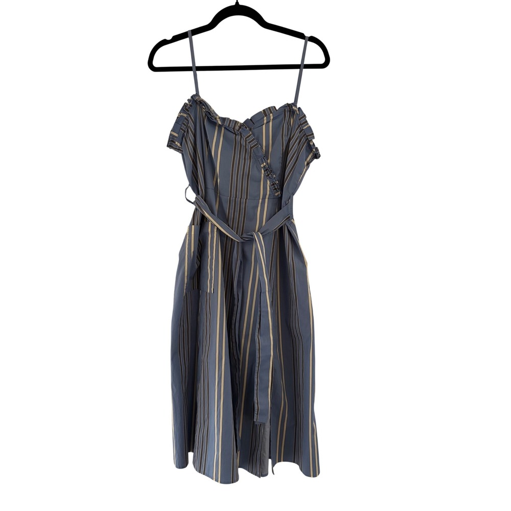 Thakoon Blue Tan Striped Ruffle Midi Dress Sleeveless Belted Size 12